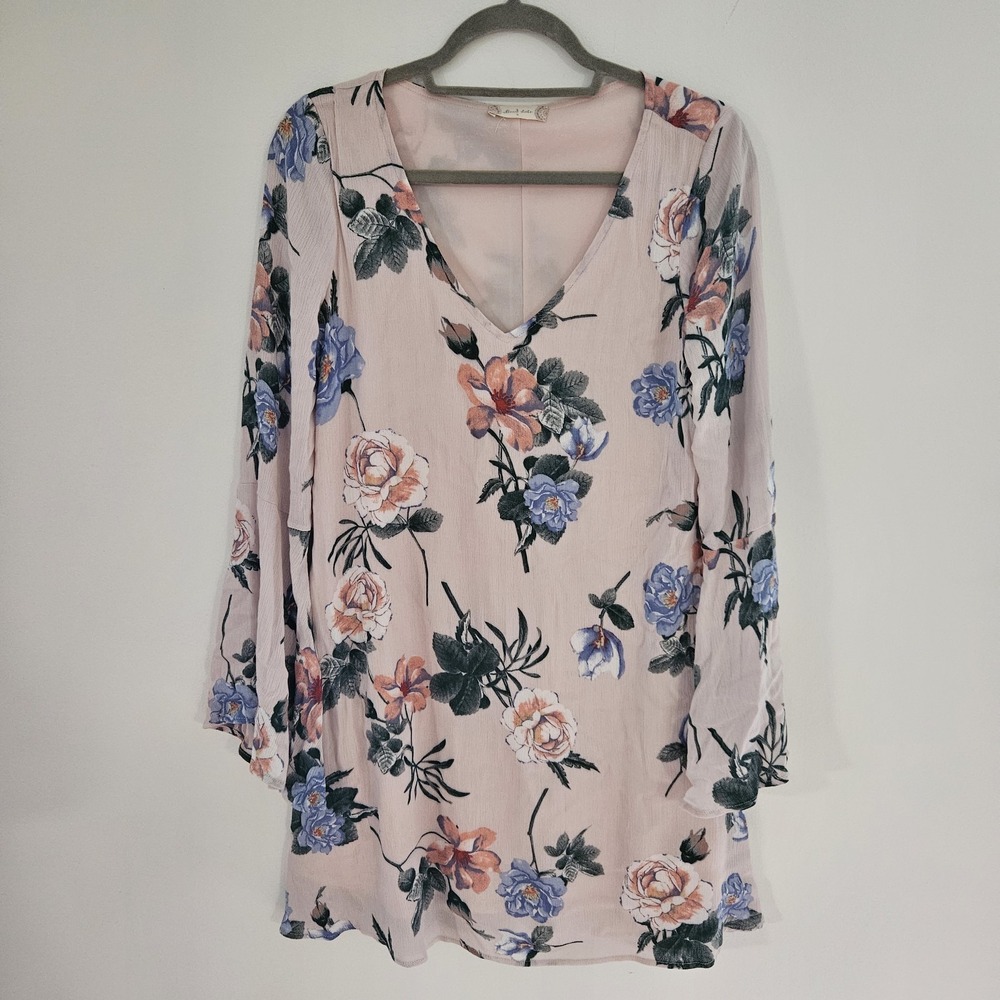 Altar'd State Holland Pink Floral Mini Dress Pastel Petals Bell Sleeve Flowy Sm